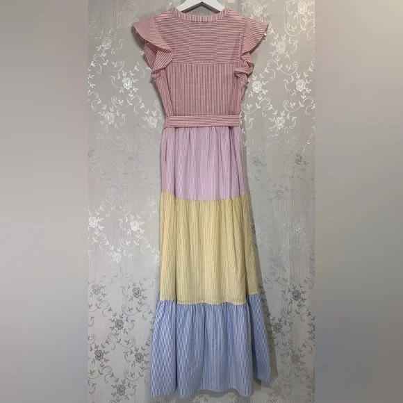 English Factory Sweet Heart Seersucker Colorblock Effie Ruffle Maxi Dress XS - Picture 6 of 10